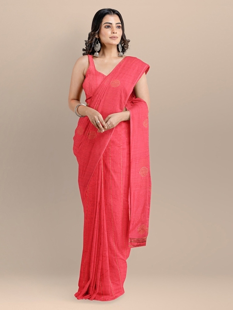 

BharatSthali Pink Pure Cotton Woven Design Handloom Taant Sustainable Saree