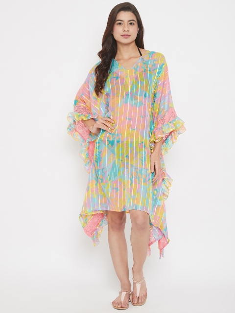 

The Kaftan Company Women Pink & Blue Printed Kaftan Georgette Lace Ruffle Cover-Up Dress