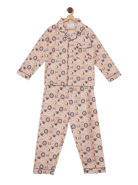 

Fluffalump Kids Peach-Colour & Grey Into The Wild Printed Night Suit