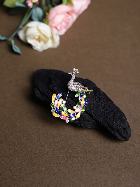 

Mali Fionna Women Gold-Toned & Yellow Stone-Studded Enamelled Peacock-Shaped Brooch
