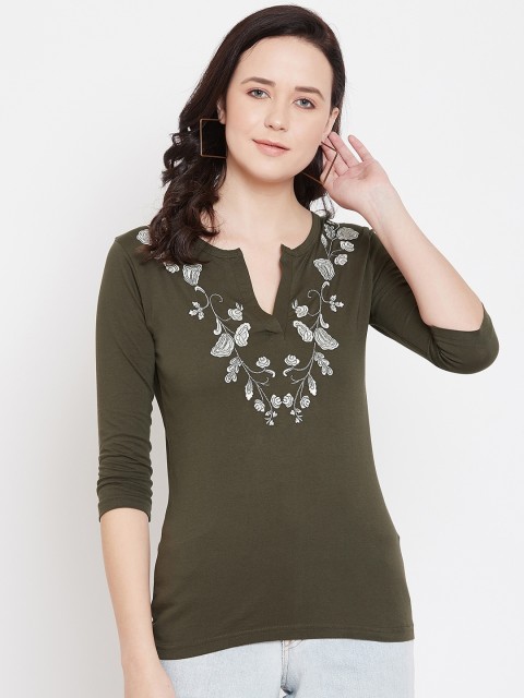 

Hypernation Women Olive Green Self Design Henley Neck T-shirt