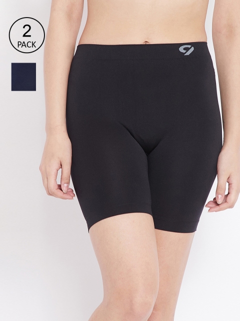 

C9 AIRWEAR Women Pack Of 2 Solid Slim Fit Cycling Shorts P14001Blk_P14002Nvy, Black