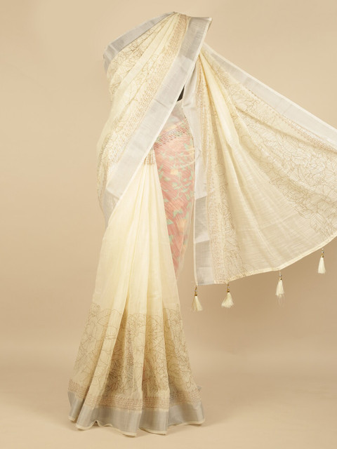 

Pothys Cream-Coloured Printed Linen Blend Saree