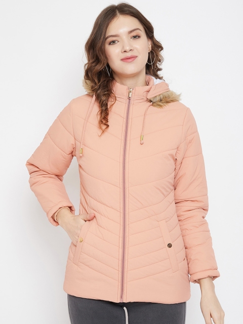 

Okane Women Peach-Coloured Solid Hooded Puffer Jacket