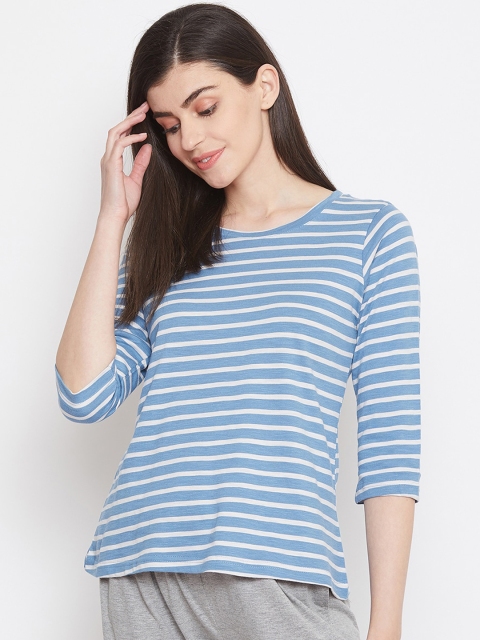 

Clovia Women Blue & White Striped Round Neck Lounge T-shirt