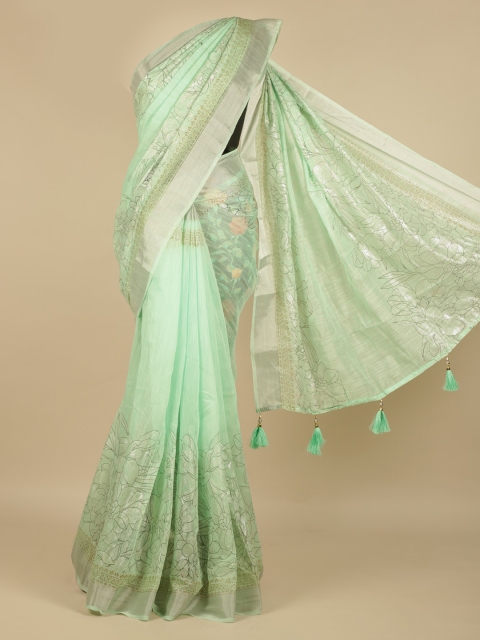 

Pothys Green Printed Linen Blend Saree