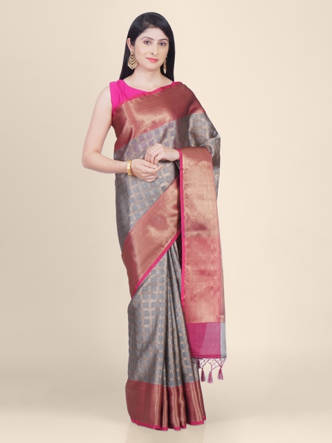 

Kasat Grey & Pink Tissue Checked Kota Handloom Saree with Jhalar Pallu