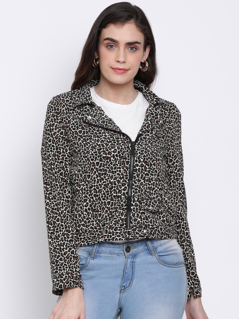

Oxolloxo Women Brown Animal Printed Biker Jacket