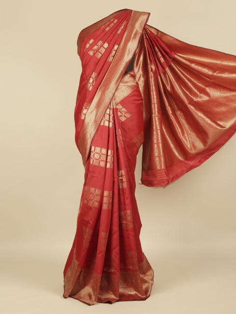 

Pothys Red & Gold-Toned Jute Silk Woven Design Saree with Zari Border