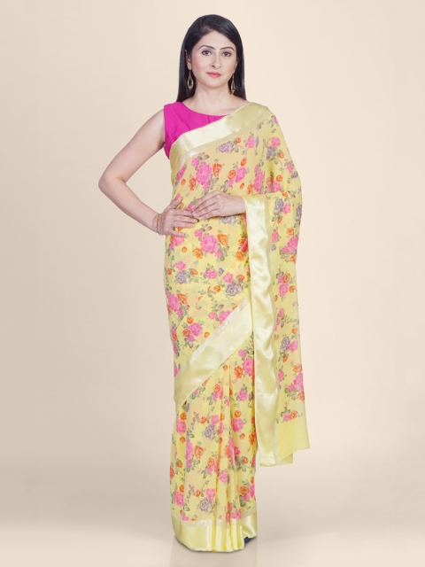 

Kasat Yellow Pure Georgette Printed Block Print Saree with Zari Border