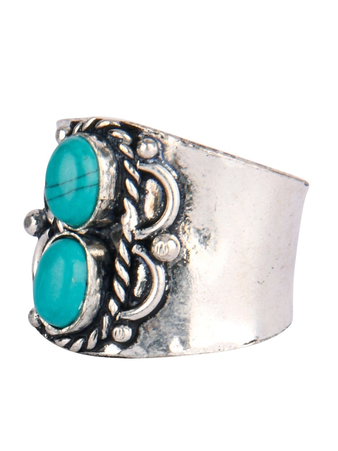 

DESI COLOUR Oxidized Silver-Toned Green Stone Studded Adjustable Finger Ring