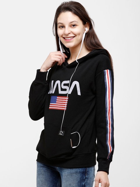 

STROP Women Black NASA Printed Hooded Sweatshirt
