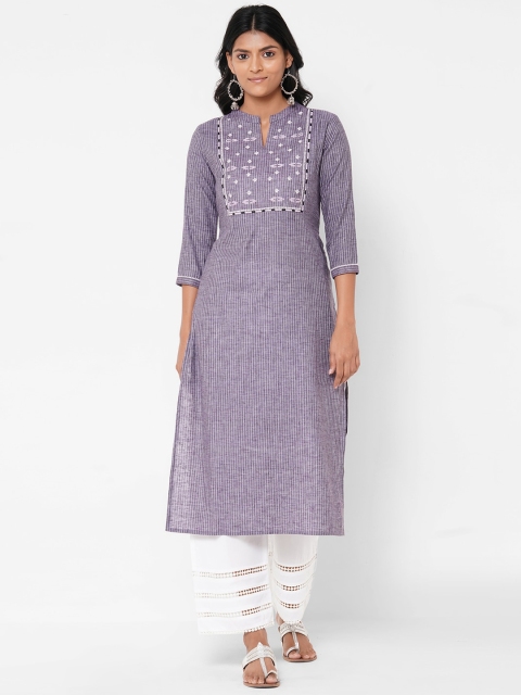

FASHOR Women Purple Embroidered Straight Kurta