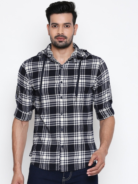 

People Men Navy Blue Regular Fit Checked Casual Shirt