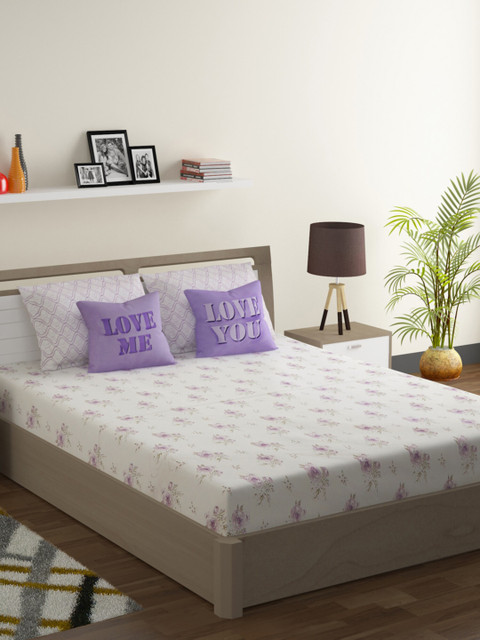 

SWAYAM White & Purple Abstract 210 TC Cotton 1 Queen Bedsheet with 2 Pillow Covers