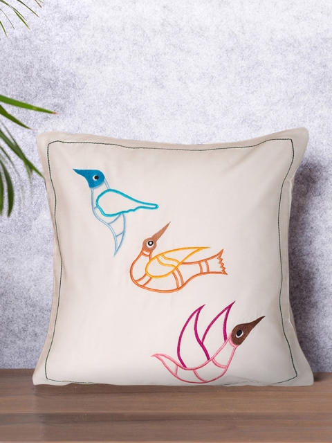 

PETAL HOME Off-White & Blue Embroidered Cushion Cover