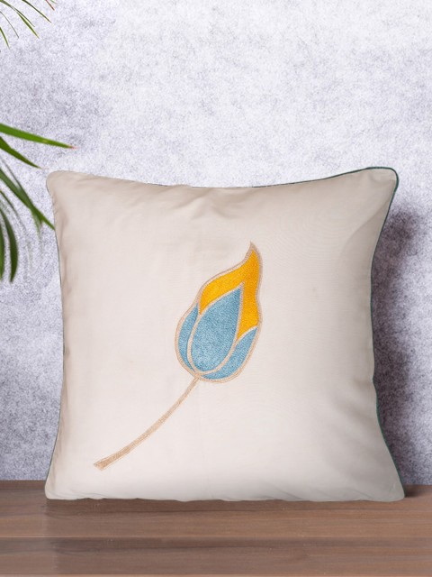 

PETAL HOME Off-White & Blue Embroidered Cushion Cover