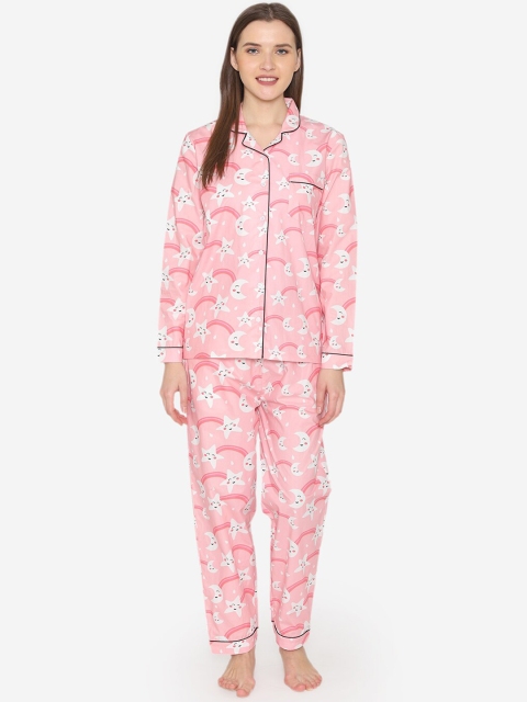 

Fluffalump Women Pink & White Graphic Printed Night Suit