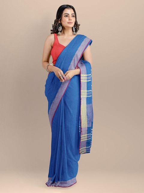 

BharatSthali Blue & Silver-Coloured Pure Cotton Solid Handloom Maheshwari Sustainable Saree