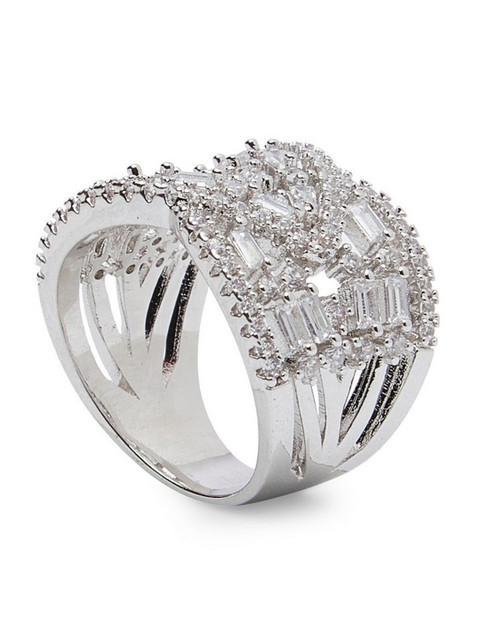 

shaze Silver-Toned White CZ-Studded Lock Leaf Finger Ring