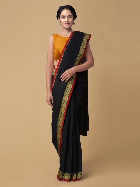 

Unnati Silks Black Pure Cotton Solid Kanjeevaram Handloom Saree