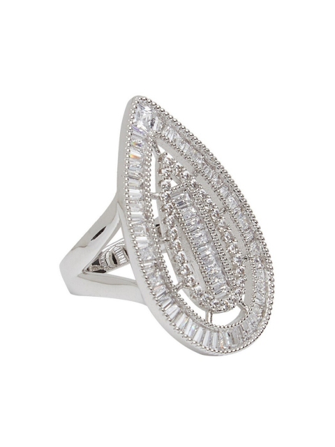 

shaze Silver-Toned & White Cubic Zirconia Studded Blue Petal Finger Ring