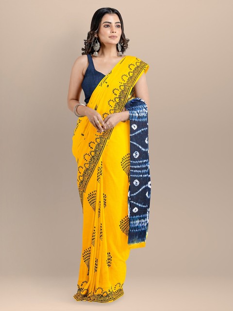 

BharatSthali Yellow & Blue Pure Cotton Printed Block Print Sustainable Saree