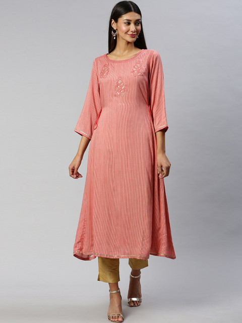 

Soch Women Coral Striped A-Line Kurta