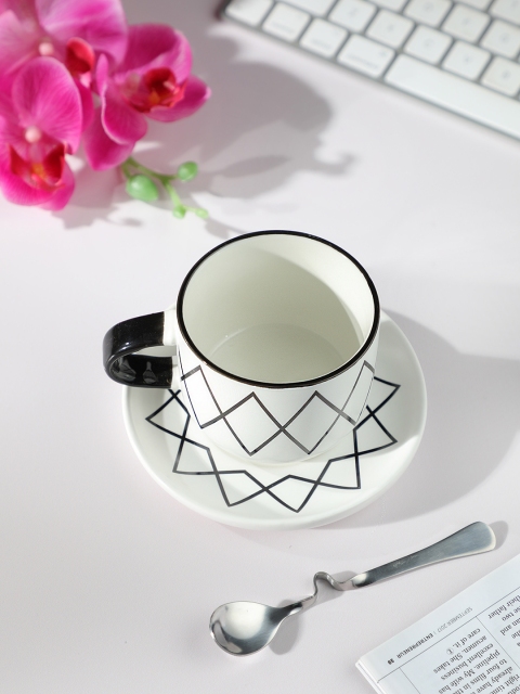 

YOYOSO Set Of 2 White & Black Printed Coffee Cup With Saucer And Spoon