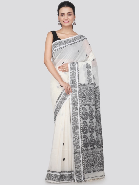 PinkLoom White Pure Cotton Woven Design Handloom Saree