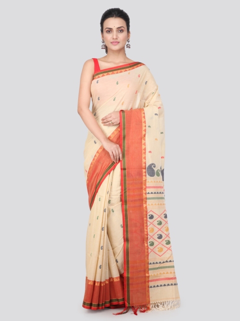 

PinkLoom Beige & Orange Pure Cotton Woven Design Handloom Sustainable Saree