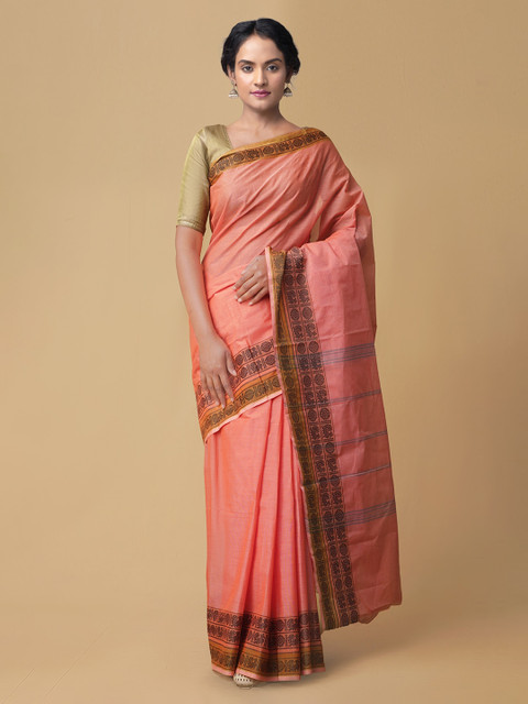 

Unnati Silks Peach-Coloured Pure Cotton Solid Kanjeevaram Saree