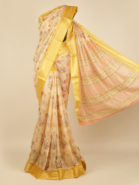 

Pothys Cream-Coloured Printed Jute Silk Saree with Zari Border