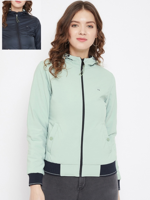 

Okane Women Sea Green & Navy Blue Solid Reversible Bomber