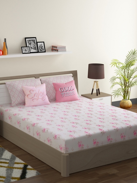 

SWAYAM White & Pink Floral Printed 210TC Bed Sheet With Two Pillow Covers & Two Cushion Covers