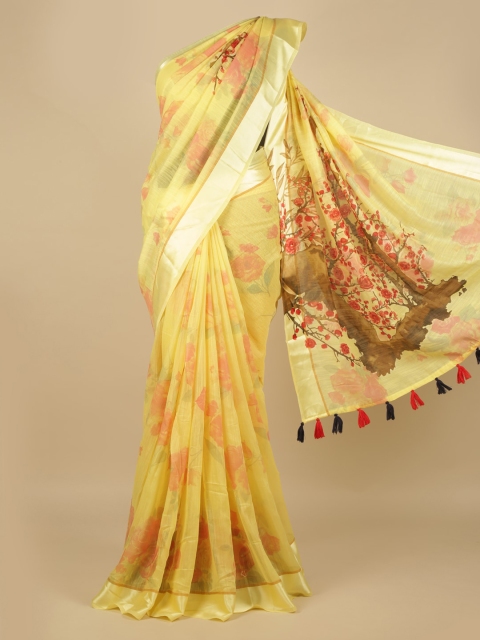 

Pothys Yellow Printed Linen Blend Saree