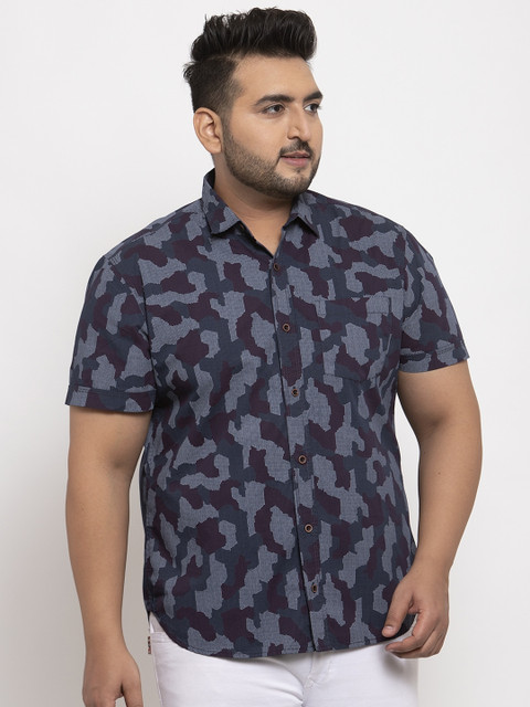 

plusS Men Navy Blue Regular Fit Camo Printed Cotton Casual Shirt