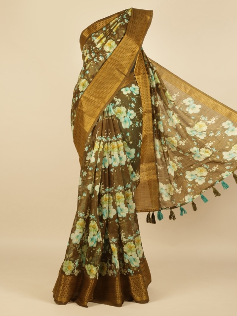 

Pothys Mustard Printed Linen Blend Saree with Zari Border