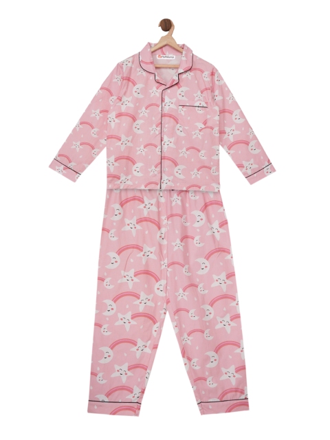 

Fluffalump Kids Pink & White Printed Night Suit