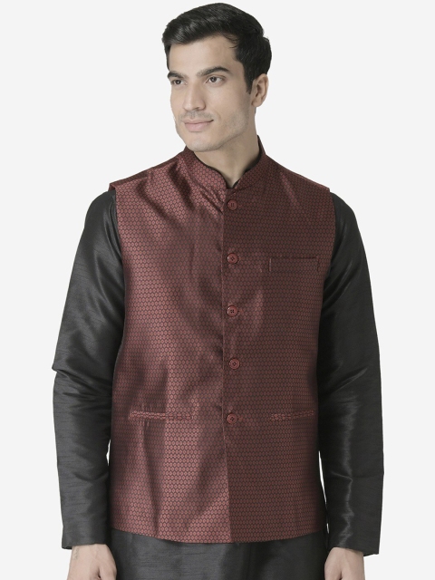 

TABARD Men Maroon & Black Woven-Design Nehru Jacket