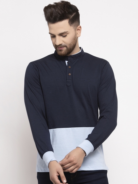 

Kalt Men Blue & White Colourblocked High Neck T-shirt