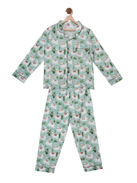 

Fluffalump Unisex Kids Green & White Printed Night Suit