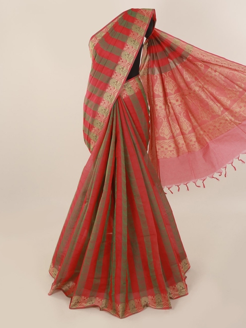 

Pothys Red & Olive Green Pure Cotton Striped Saree