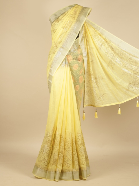 

Pothys Yellow & Silver-Toned Linen Blend Printed Saree with Jhalar Pallu