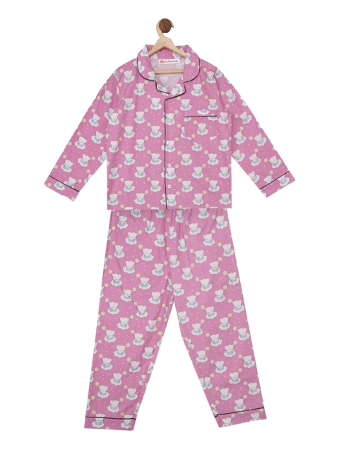

Fluffalump Kids Pink & White Printed Night Suit