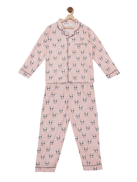 

Fluffalump Kids Pink & Black Love Panda Printed Night Suit