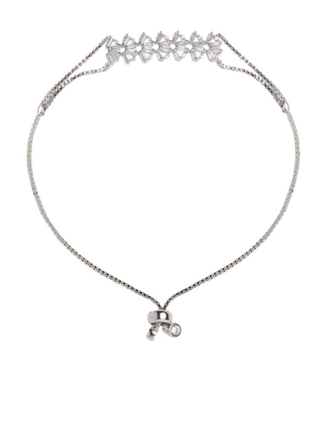 

shaze Rhodium-Plated Silver-Toned & White CZ Studded Line Fly Bracelet