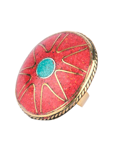 

DESI COLOUR Oxidized Gold & Red Stone Studded Adjustable Finger Ring