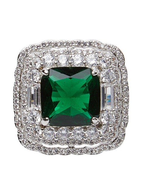 

shaze Silver-Toned Green & White Cubic Zirconia Studded Pillow Finger Ring