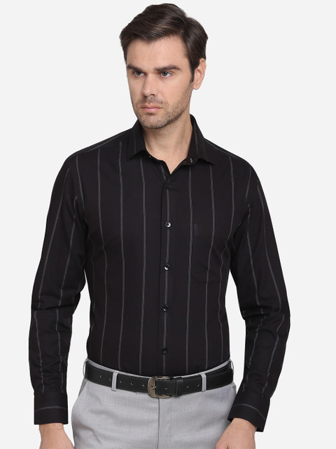 

METAL Men Black Slim Fit Striped Formal Shirt